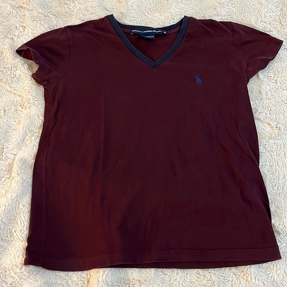 Ralph Lauren Sport Maroon V-Neck With Blue Trim Lightweight Tee - Size XS - Picture 1 of 5
